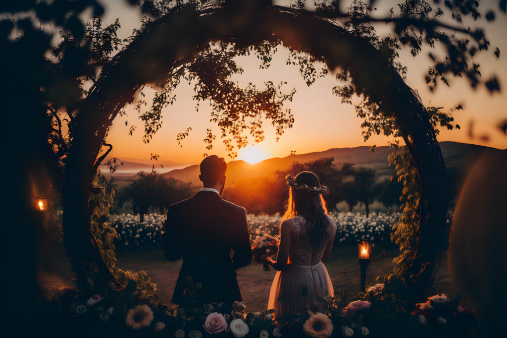 Intime Hochzeitszeremonie bei Sonnenuntergang aufgenommen durch einen Hochzeitsfilmer