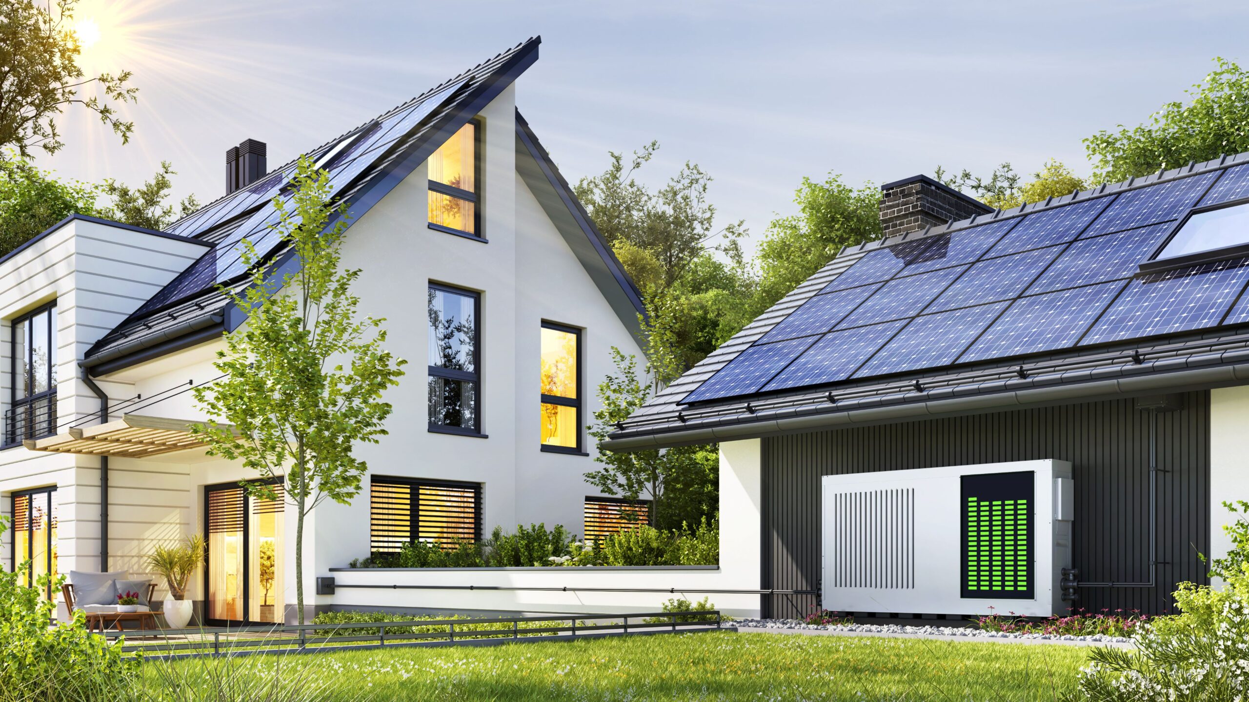 Ein Haus mit einem Energiespeicher vor dem Haus 