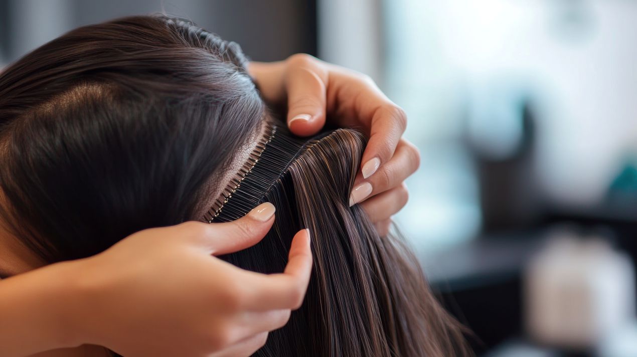 Haende setzen eine Clip In Extension in dunkles Haar ein – Nahaufnahme im Friseursalon, sichtbarer Haaransatz und Haarteil