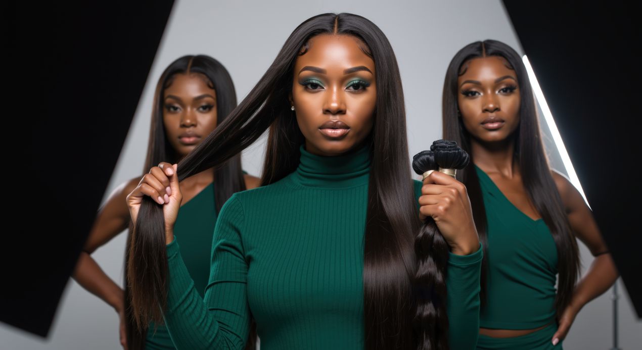 Drei Frauen mit glatten langen Haaren in gruenem Outfit, Studioaufnahme – eine haelt Haarbuendel und zeigt Clip In Extensions